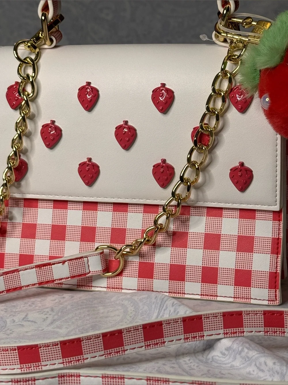 Betsey Johnson White/Red Gingham Strawberry -Handle w/ Removable Crossbody Strap